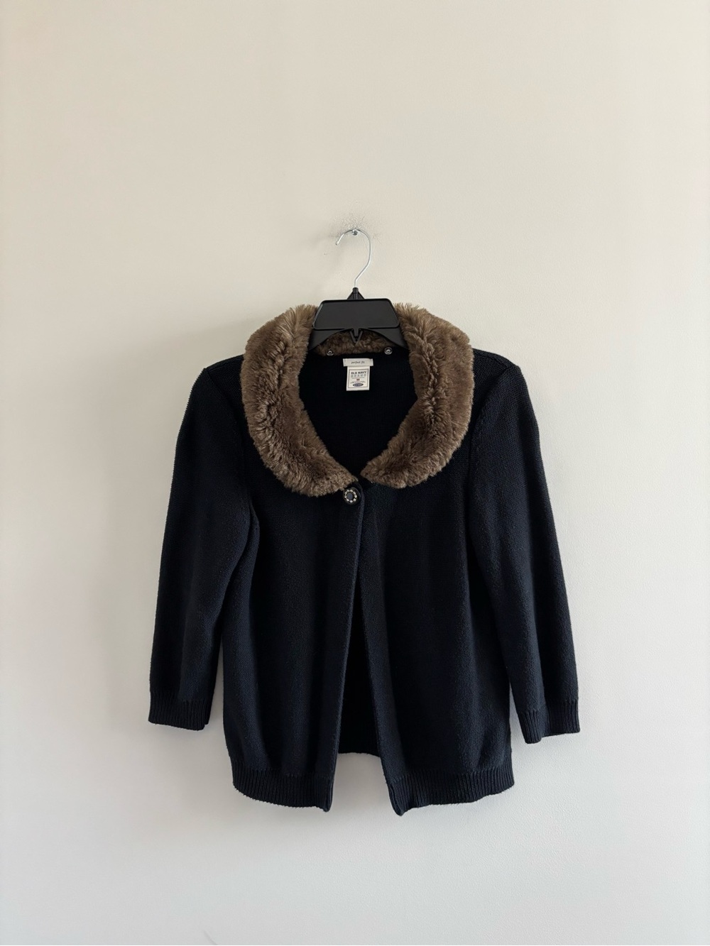 Y2K Old Navy Cardigan Sweater Black Faux Fur Removable Collar Womens M Old Money